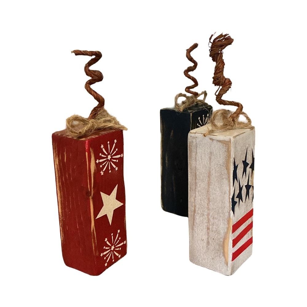 Patriotic Wooden Firecracker Blocks 4th of July Americana Tiered Tray Decor Set - Picture 6 of 7